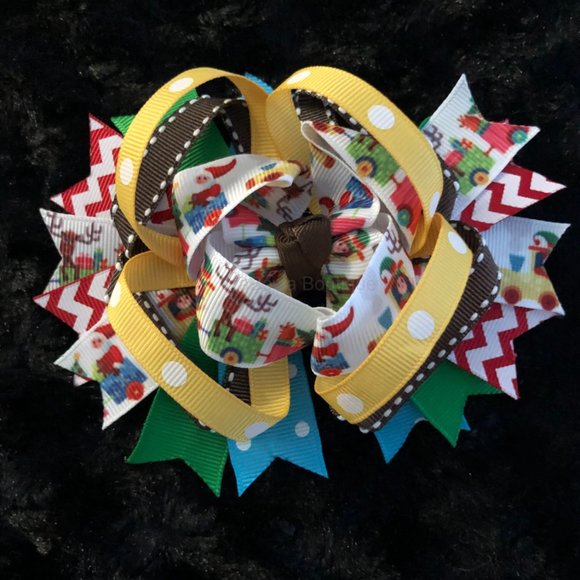❤️HOST PICK❤️  Brown & Yellow Holiday Train Boutique Deluxe Bow  HANDCRAFTED - Picture 2 of 3